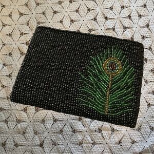 Beaded Coin Pouch with Peacock feather Bead Design and Black Beads
